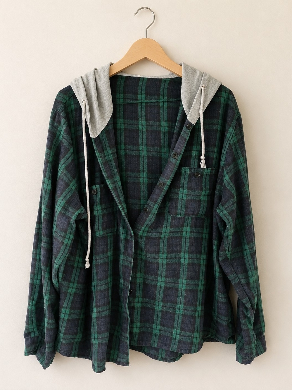 SHEIN 2X Green Black Plaid Hooded Button Front Overshirt Shacket Plus